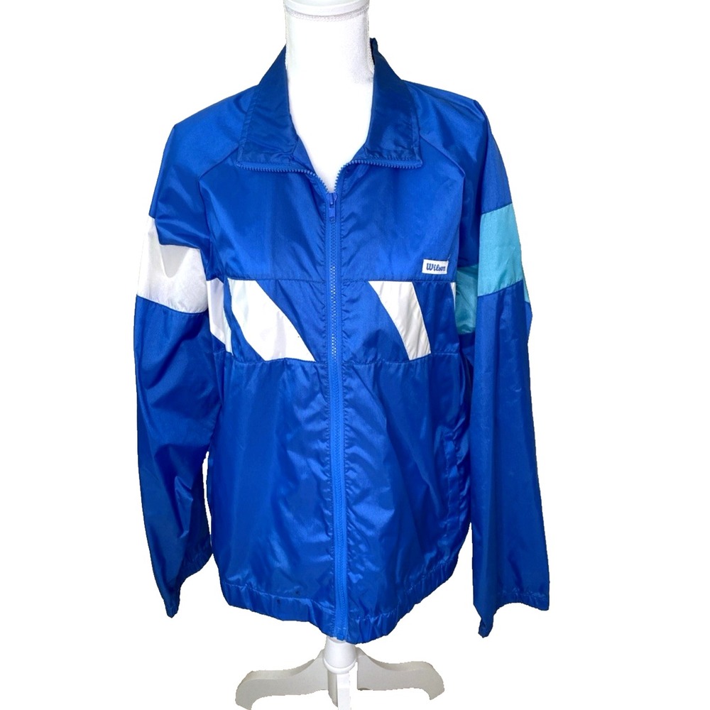 Wilson Tennis Blue Windbreaker Jacket Full Zip Unlined Side Pockets‎ Size L